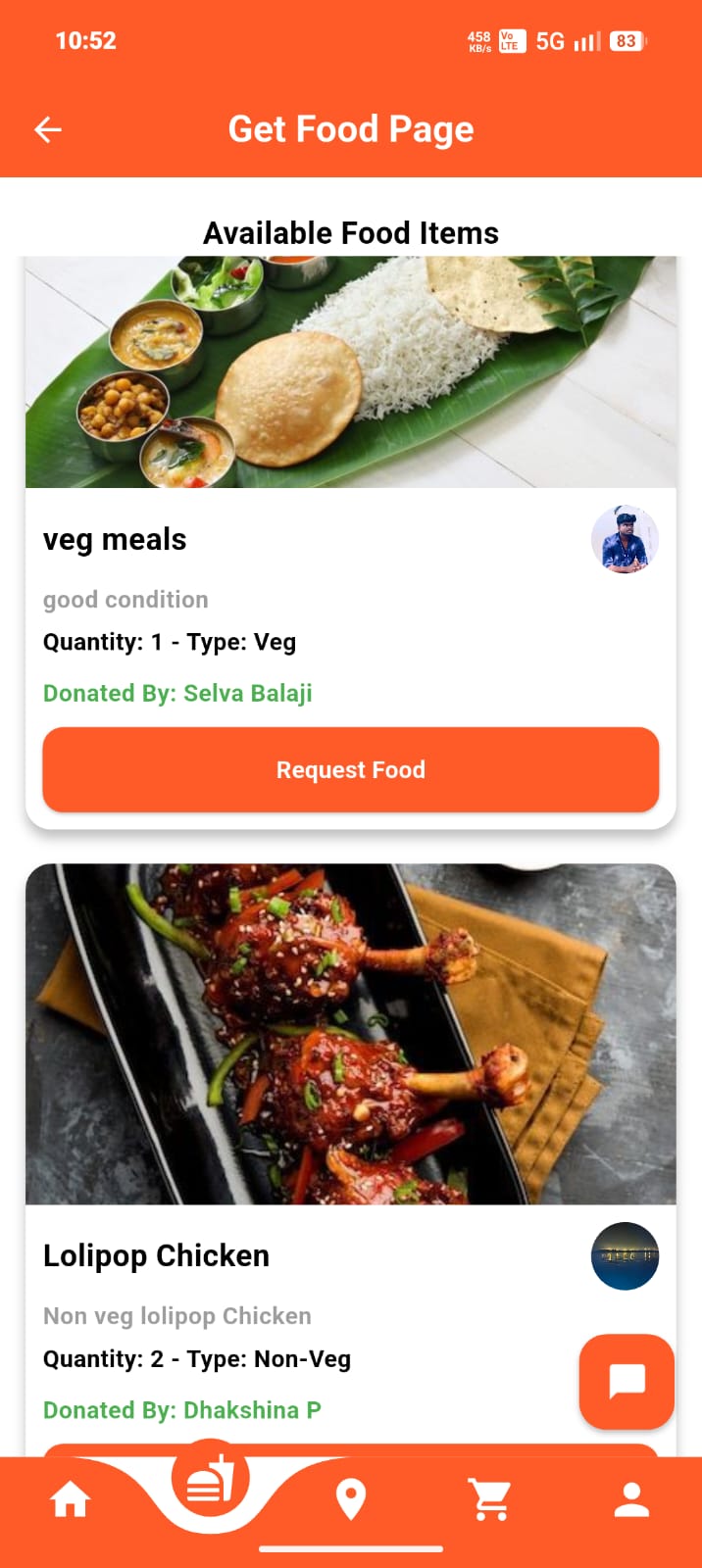 Supplied Share-Meal food listings and request button interface